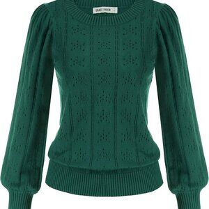 Women's Long Lantern Sleeve Crew Neck Crochet Top Hollow Out Fall Pullover Sweat